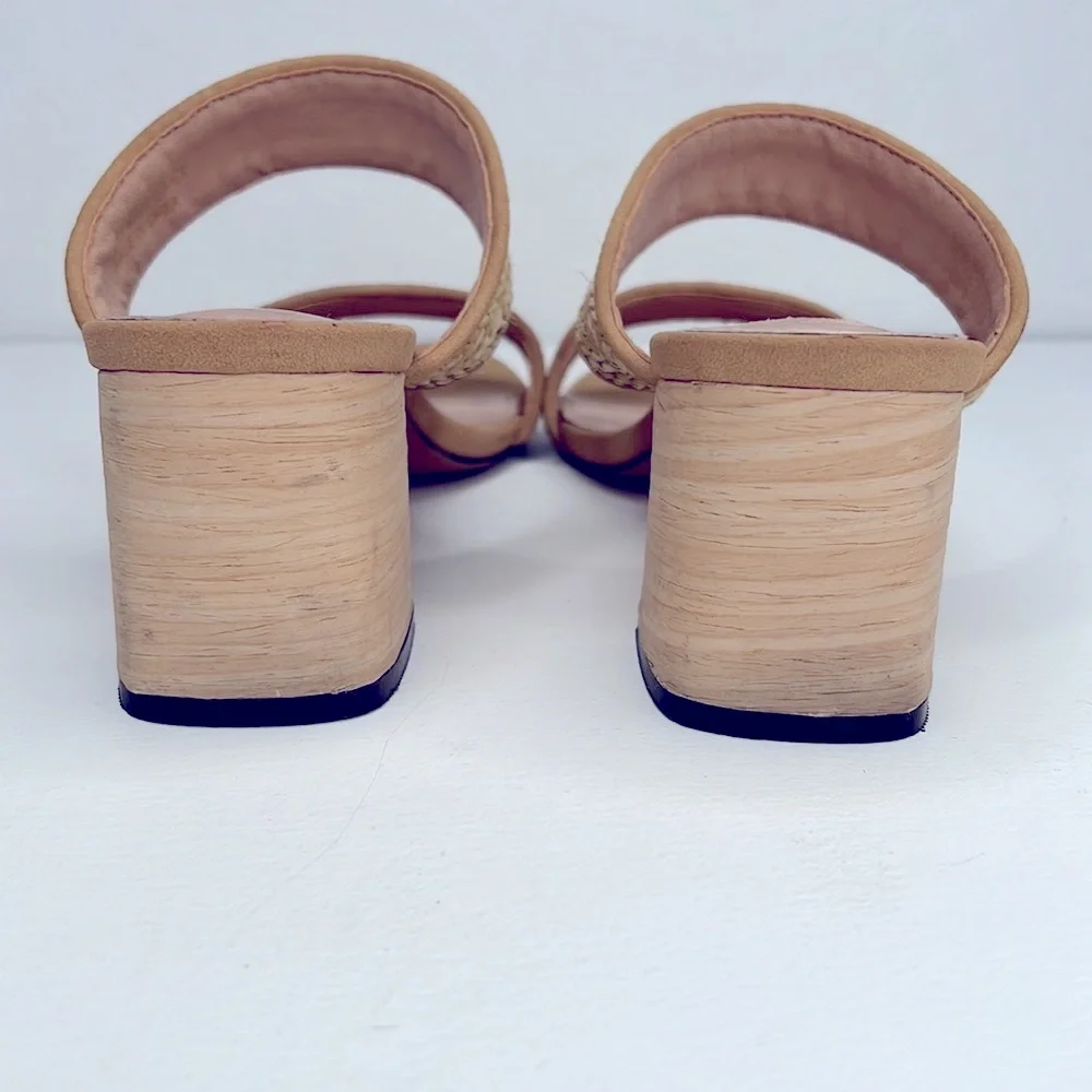 Oasis Society Backless Stacked Block Heels Sandals Tan Straw Size 9